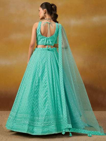 Astounding Sky-Blue Sequins Georgette Engagement Wear Lehenga Choli