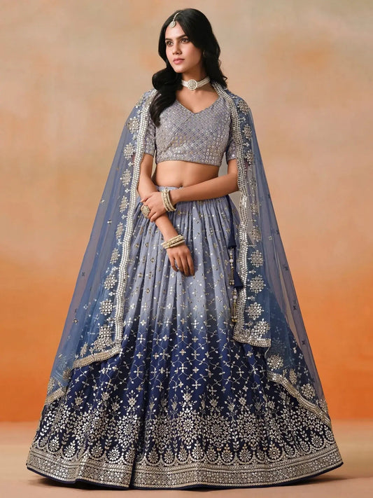 Attractive Navy Blue Embroidered Reception Wear Lehenga Choli - Ethnic Plus In