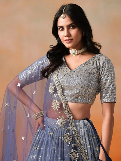 Attractive Navy Blue Embroidered Reception Wear Lehenga Choli