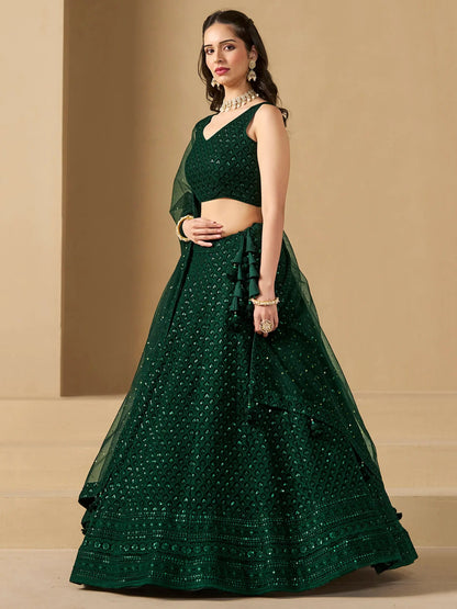 Awesome Green Sequins Georgette Festival Wear Lehenga Choli
