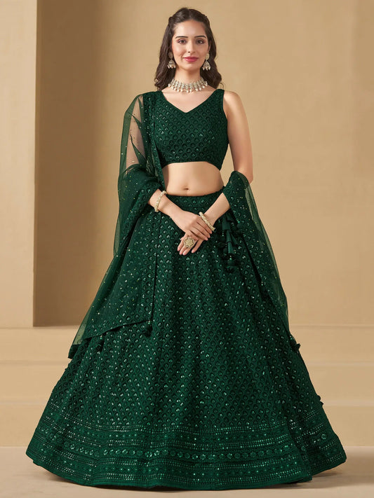 Awesome Green Sequins Georgette Festival Wear Lehenga Choli - Zeel Clothing