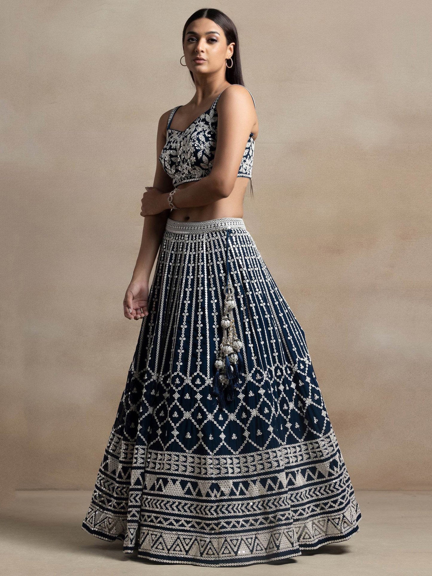 Beautiful Navy Blue Thread Work Georgette Reception Wear Lehenga Choli
