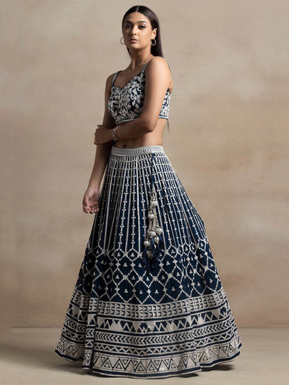 Beautiful Navy Blue Thread Work Georgette Reception Wear Lehenga Choli