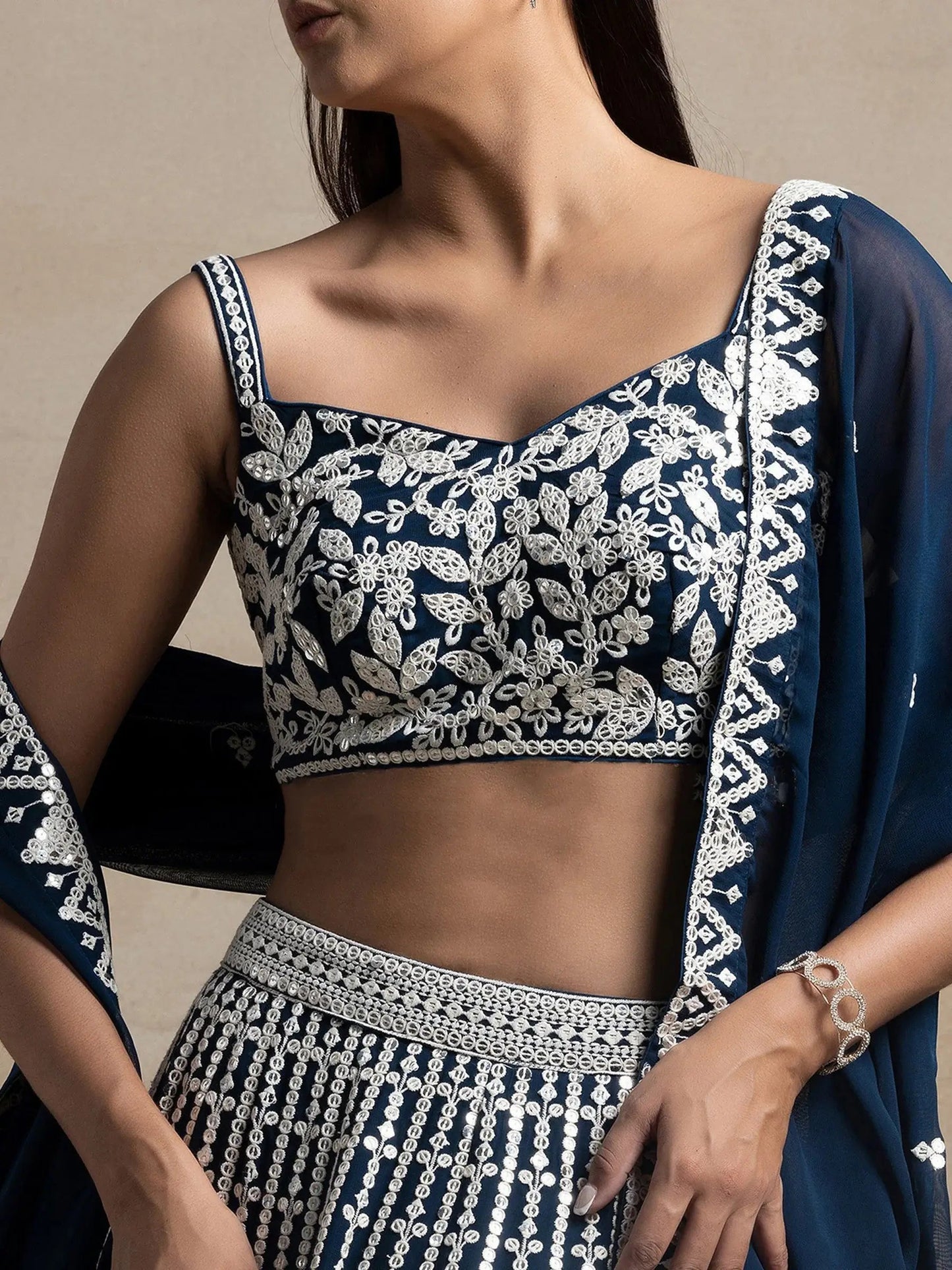 Beautiful Navy Blue Thread Work Georgette Reception Wear Lehenga Choli