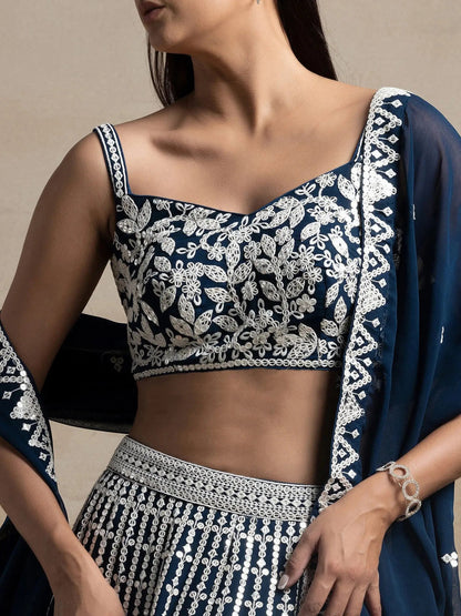 Beautiful Navy Blue Thread Work Georgette Reception Wear Lehenga Choli
