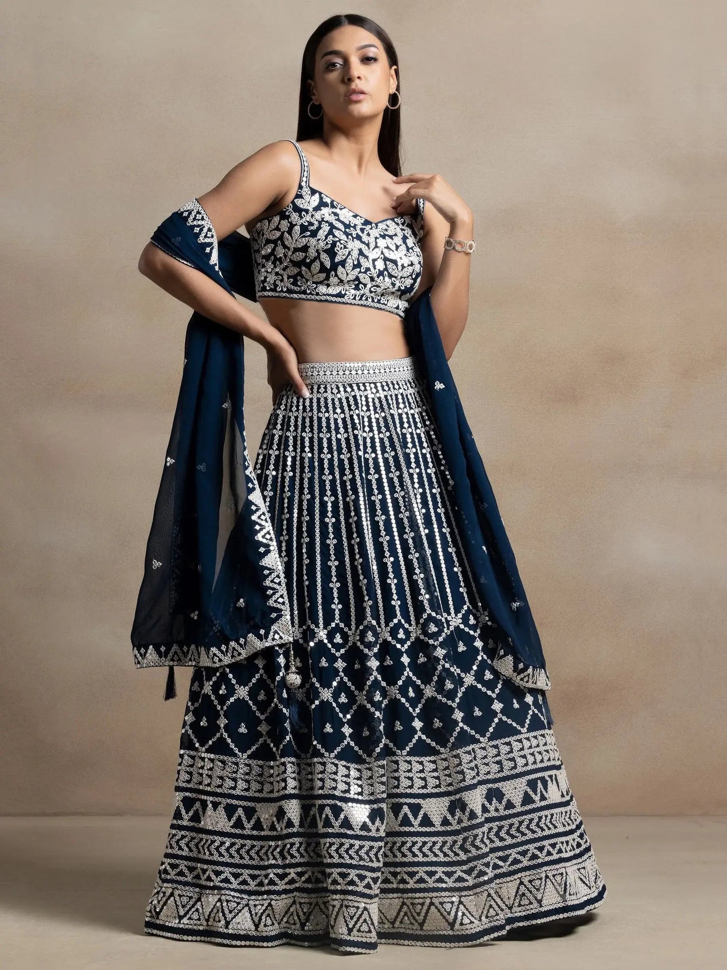 Beautiful Navy Blue Thread Work Georgette Reception Wear Lehenga Choli
