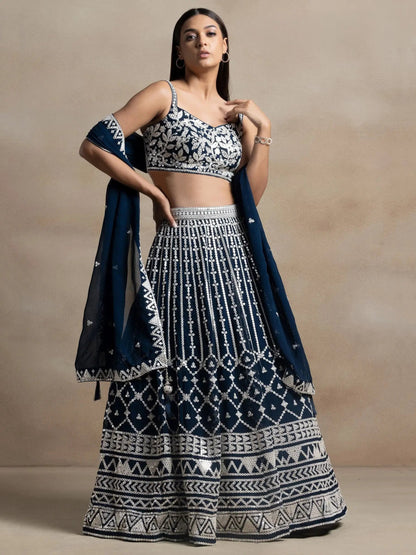 Beautiful Navy Blue Thread Work Georgette Reception Wear Lehenga Choli
