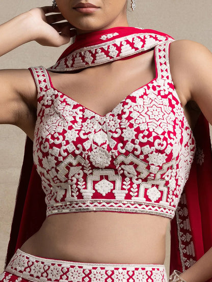 Bewitching Red Thread Work Georgette Wedding Wear Lehenga Choli