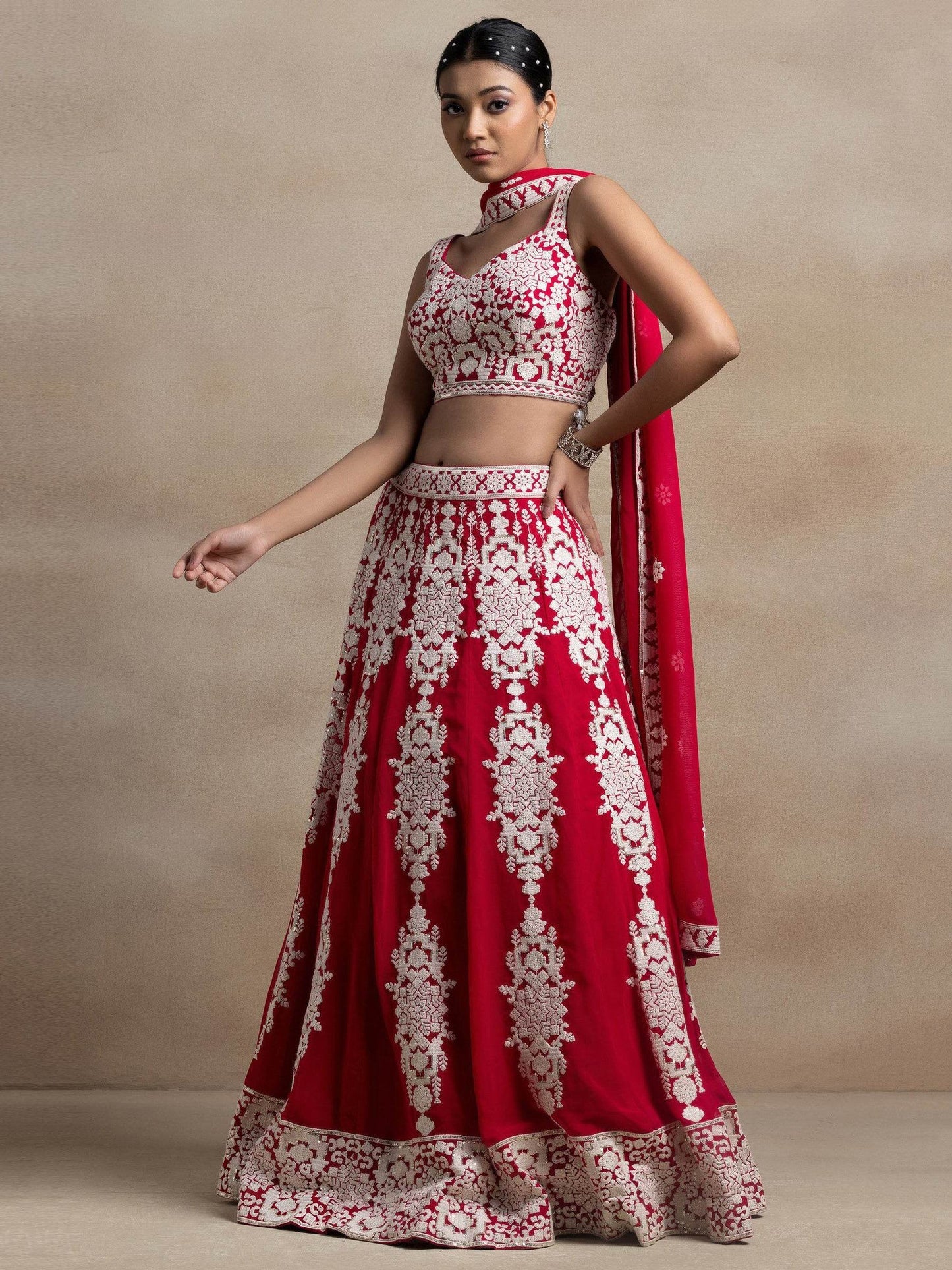 Bewitching Red Thread Work Georgette Wedding Wear Lehenga Choli