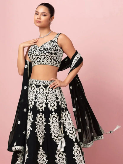 Captivating Black Thread Work Georgette Reception Wear Lehenga Choli