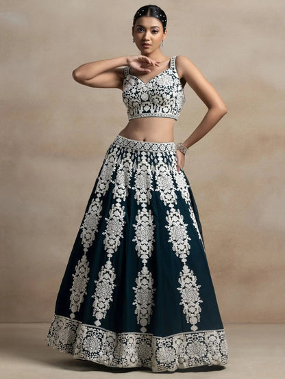 Captivating Dark Green Thread Work Georgette Lehenga Choli With Dupatta