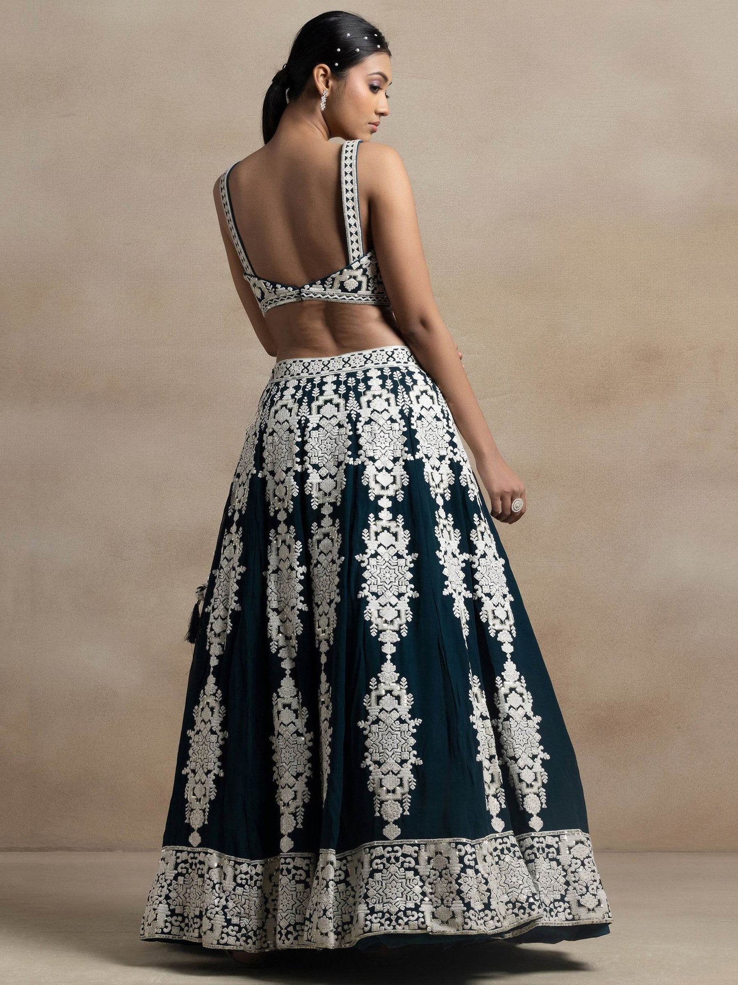 Captivating Dark Green Thread Work Georgette Lehenga Choli With Dupatta