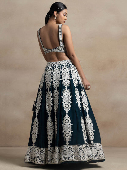 Captivating Dark Green Thread Work Georgette Lehenga Choli With Dupatta