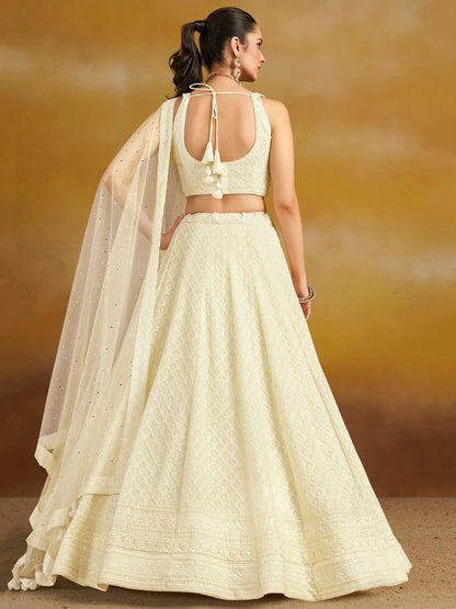 Enchanting Off-White Thread Work Georgette Traditional Lehenga Choli