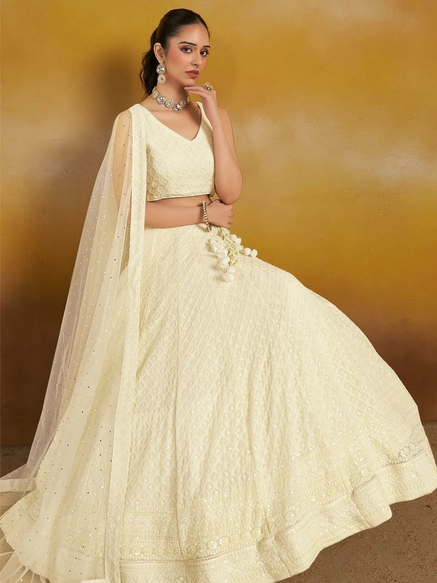Enchanting Off-White Thread Work Georgette Traditional Lehenga Choli