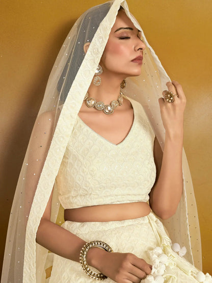 Enchanting Off-White Thread Work Georgette Traditional Lehenga Choli