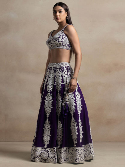 Enchanting Purple Thread Work Georgette Reception Wear Lehenga Choli With Dupatta