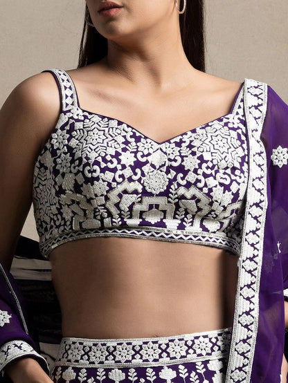 Enchanting Purple Thread Work Georgette Reception Wear Lehenga Choli With Dupatta