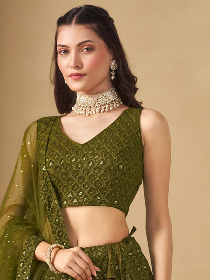 Excellent Olive Green Thread Work Georgette Wedding Lehenga Choli