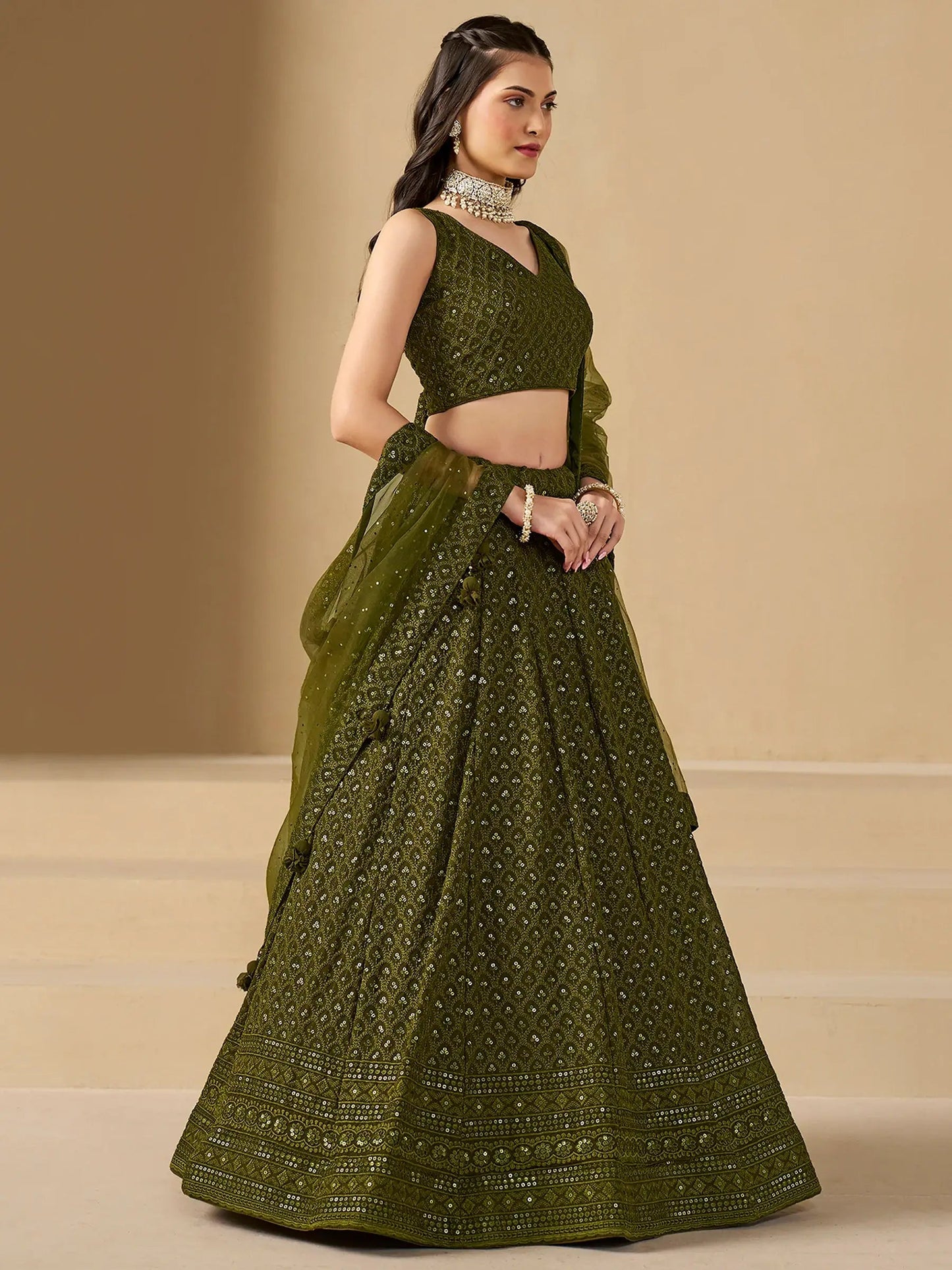 Excellent Olive Green Thread Work Georgette Wedding Lehenga Choli