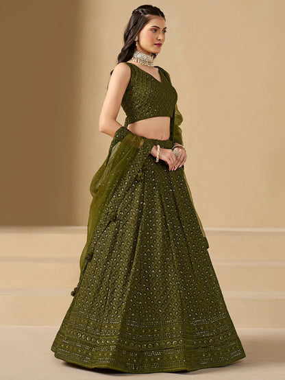 Excellent Olive Green Thread Work Georgette Wedding Lehenga Choli