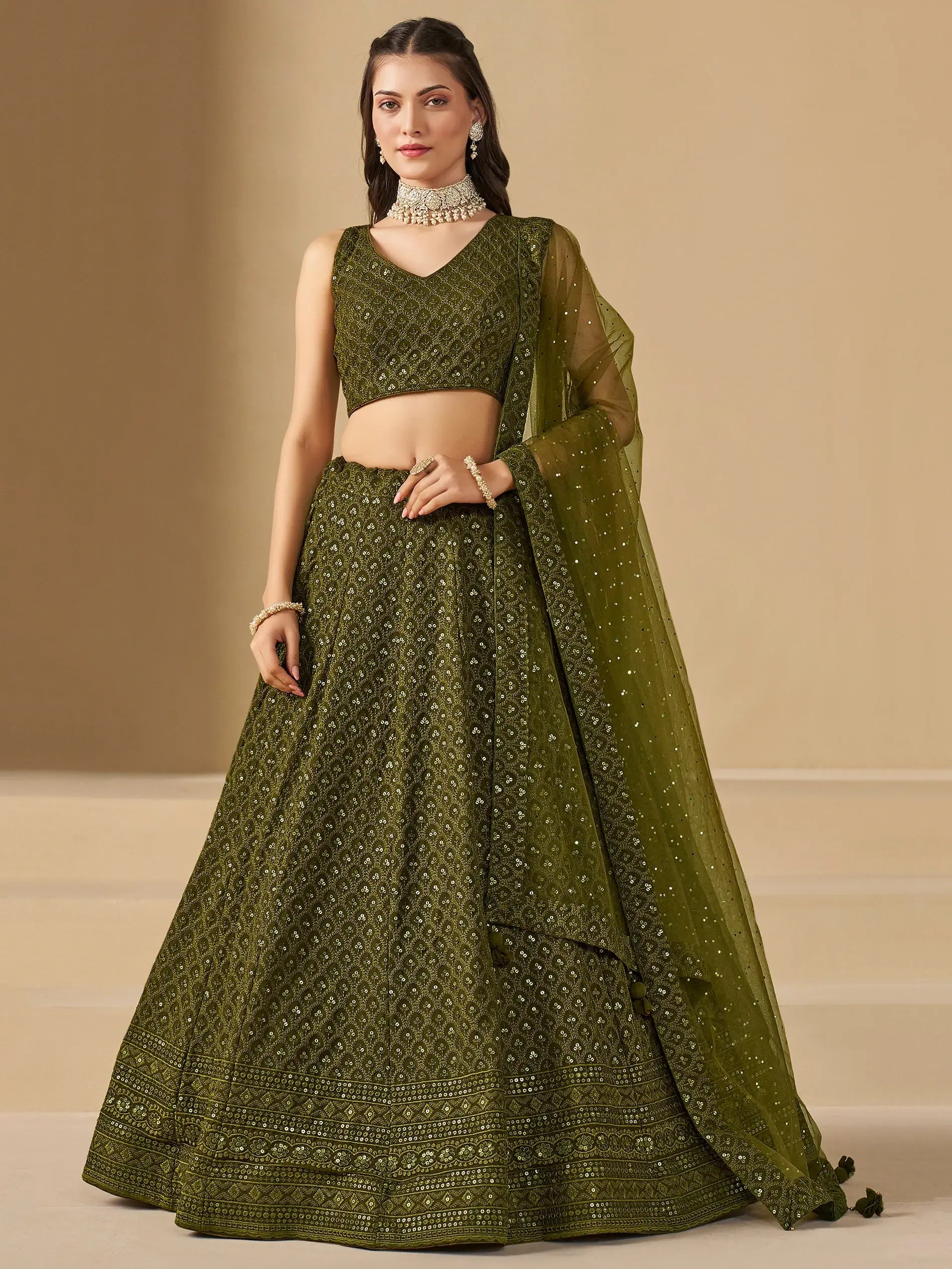 Excellent Olive Green Thread Work Georgette Wedding Lehenga Choli - Zeel Clothing