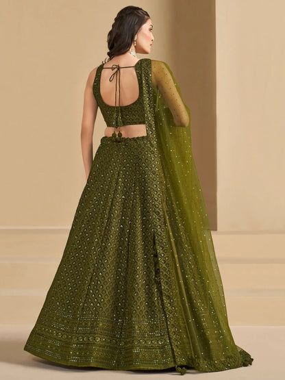 Excellent Olive Green Thread Work Georgette Wedding Lehenga Choli