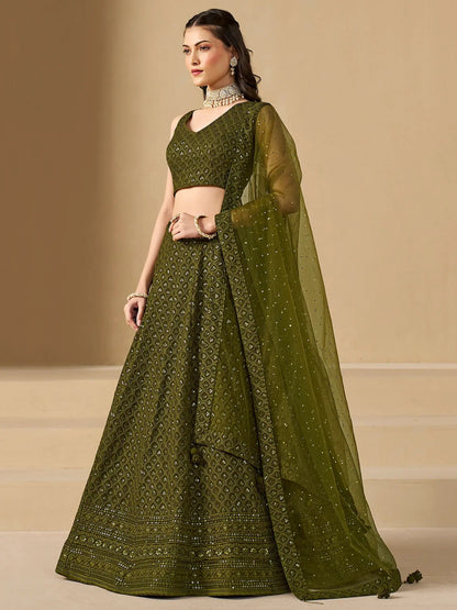 Excellent Olive Green Thread Work Georgette Wedding Lehenga Choli