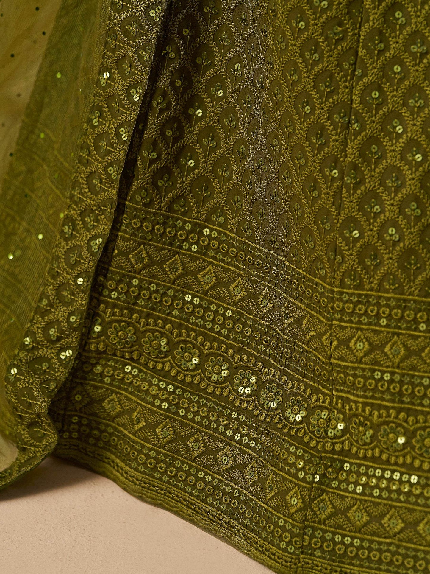 Excellent Olive Green Thread Work Georgette Wedding Lehenga Choli