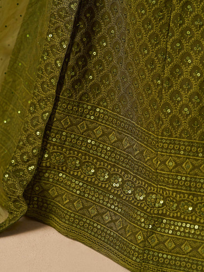 Excellent Olive Green Thread Work Georgette Wedding Lehenga Choli
