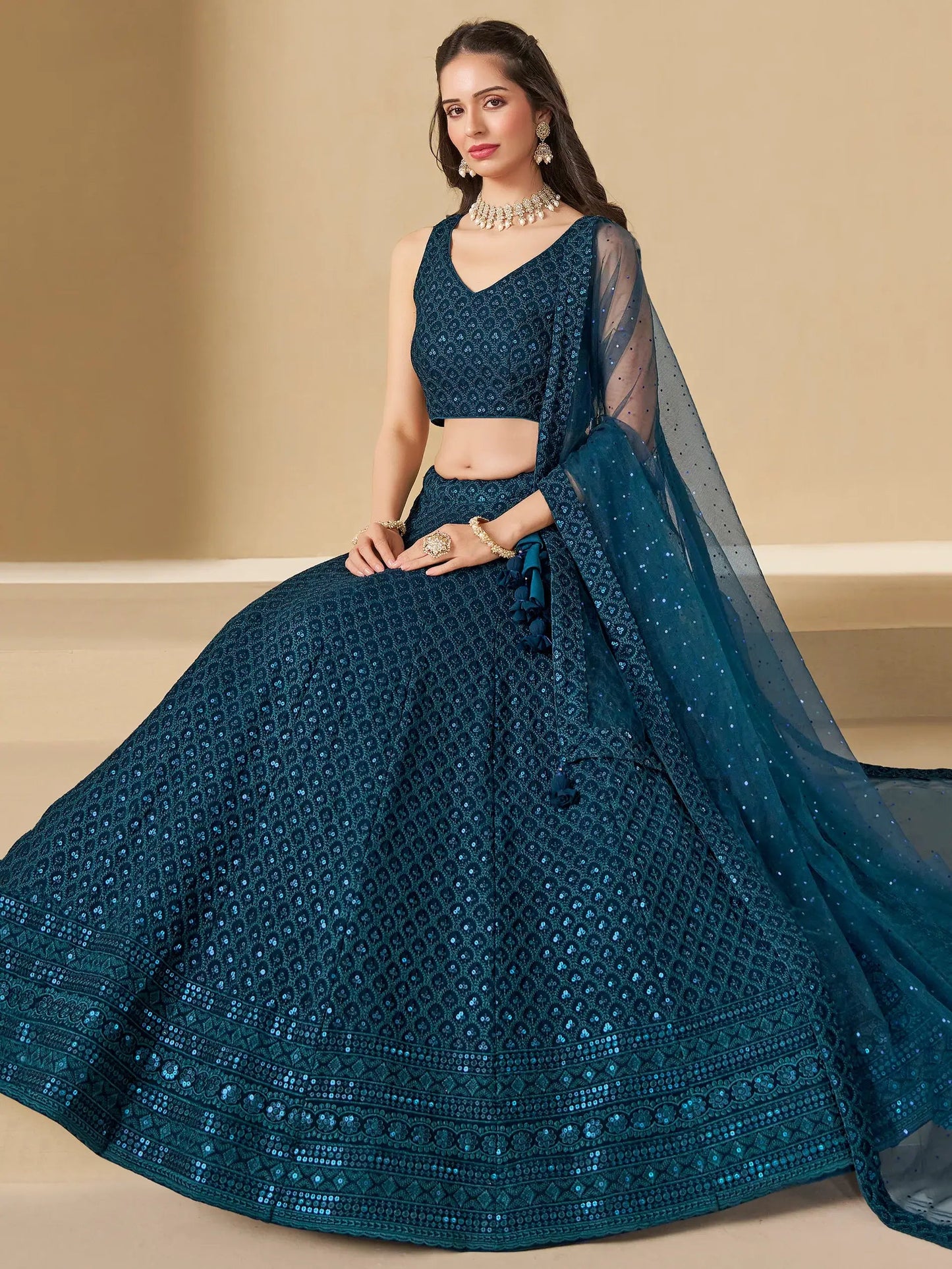 Fabulous Teal Blue Thread Embroidered Georgette Lehenga Choli