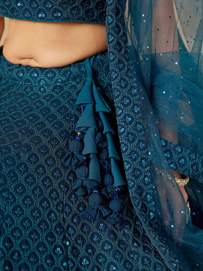 Fabulous Teal Blue Thread Embroidered Georgette Lehenga Choli