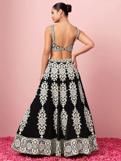 Glamorous Black Thread Work Georgette Traditional Wear Lehenga Choli