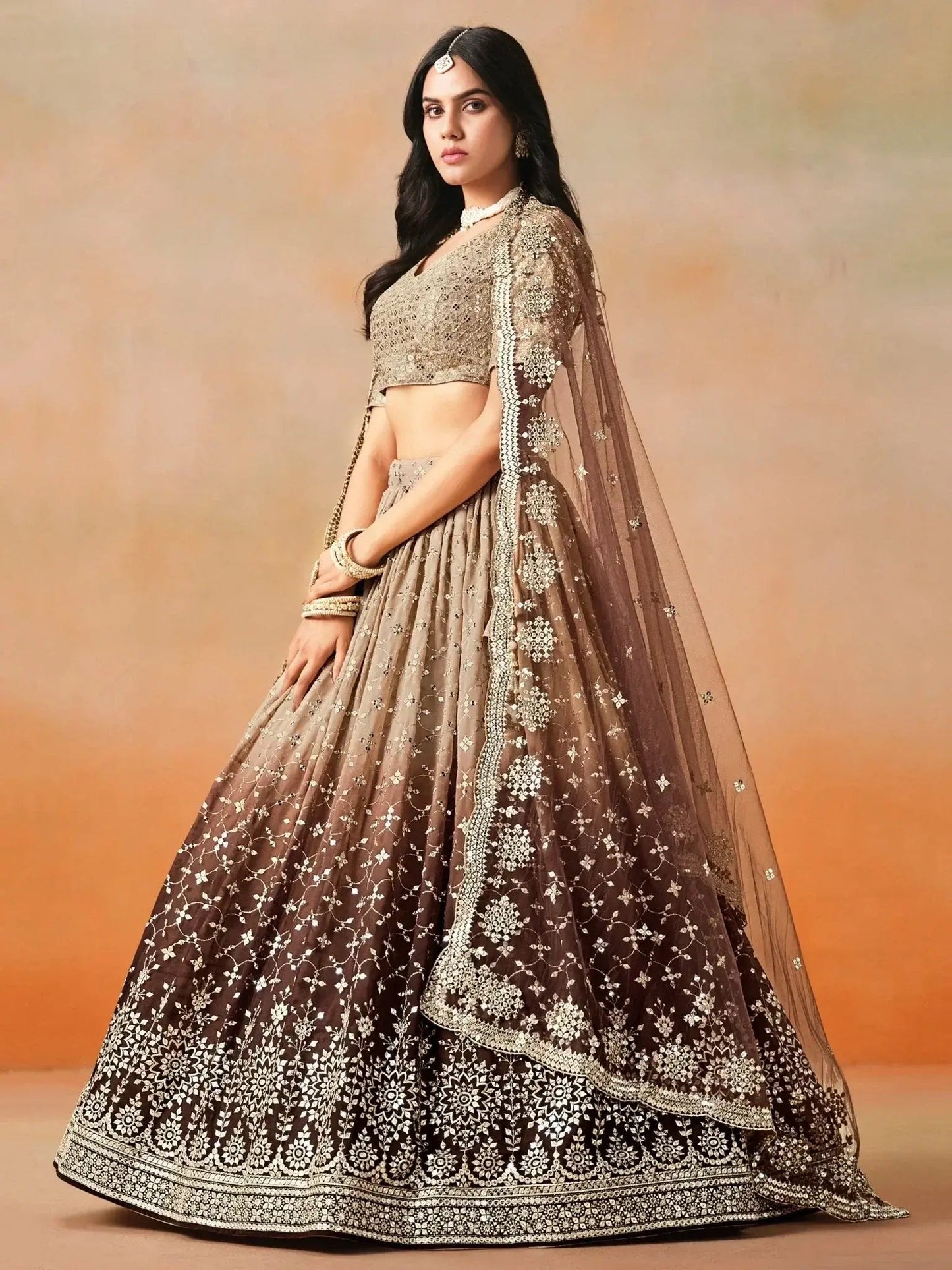 Gorgeous Brown Georgette Zari Embroidered Lehenga Choli With Dupatta