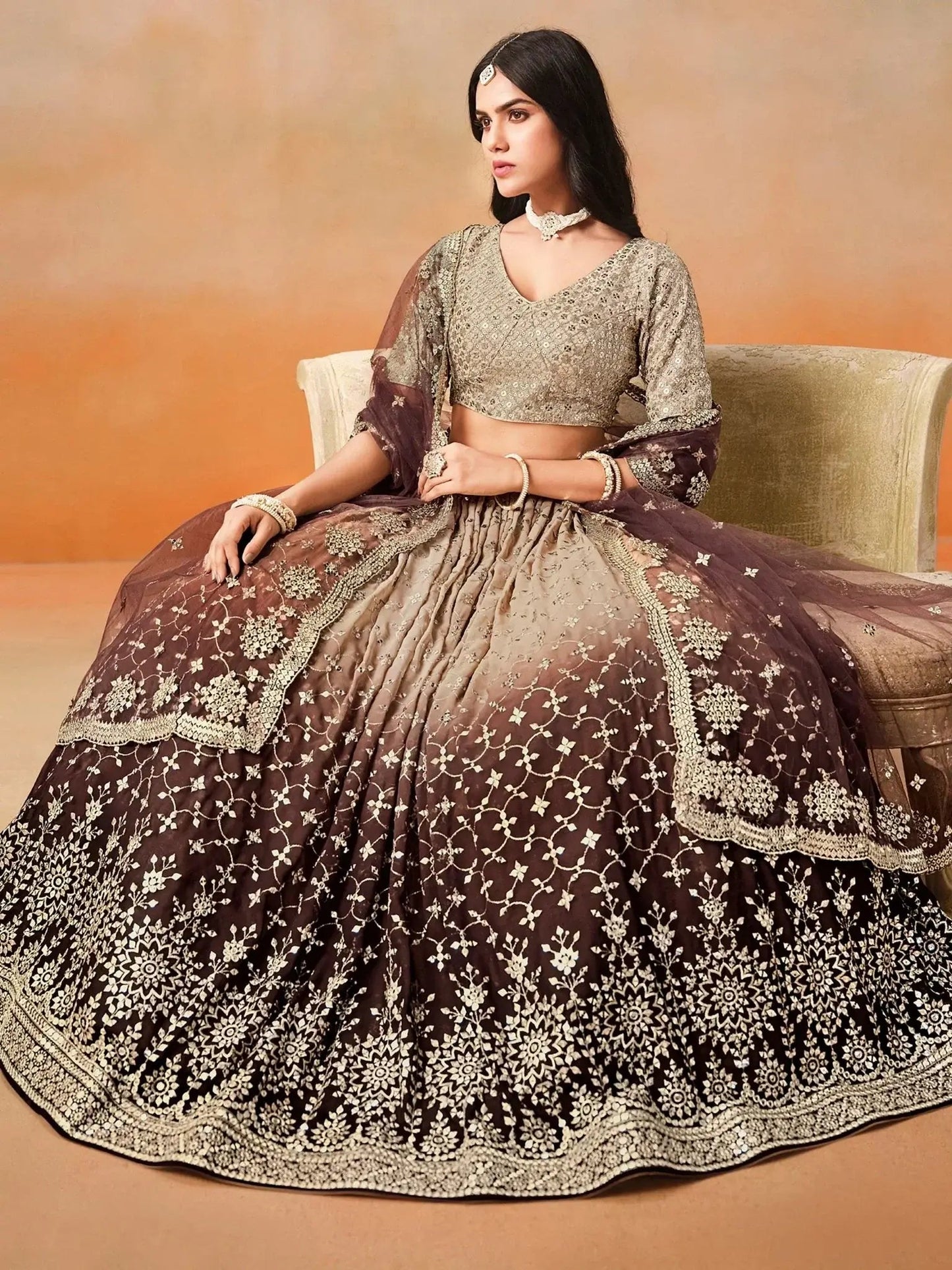 Gorgeous Brown Georgette Zari Embroidered Lehenga Choli With Dupatta
