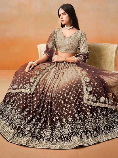 Gorgeous Brown Georgette Zari Embroidered Lehenga Choli With Dupatta