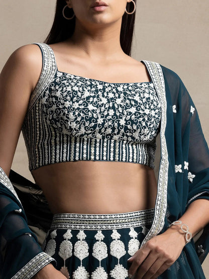 Gorgeous Dark Green Thread Work Georgette Wedding Lehenga Choli With Dupatta