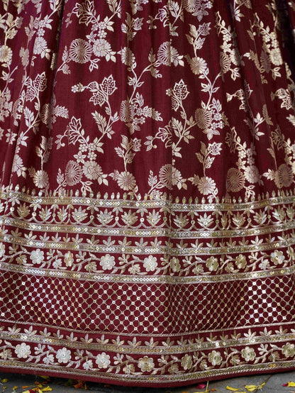 Impressive Maroon Thread Work Silk Lehenga Choli With Dupatta