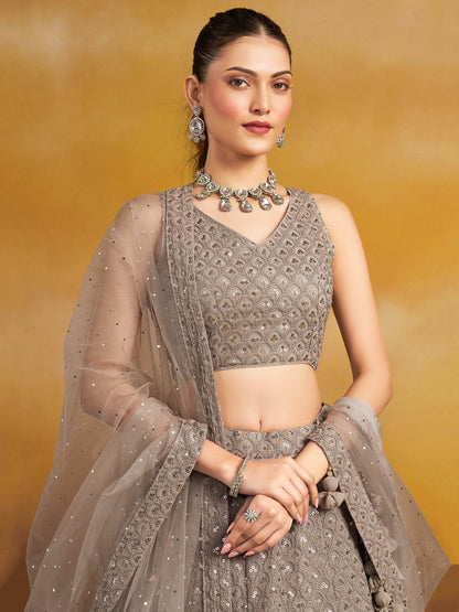 Lovely Grey Thread Embroidered Georgette Lehenga Choli With Dupatta