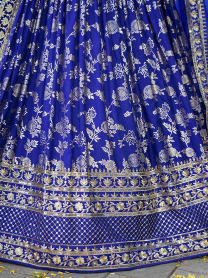 Luxurious Blue Embroidered Zari Silk Lehenga Choli With Dupatta