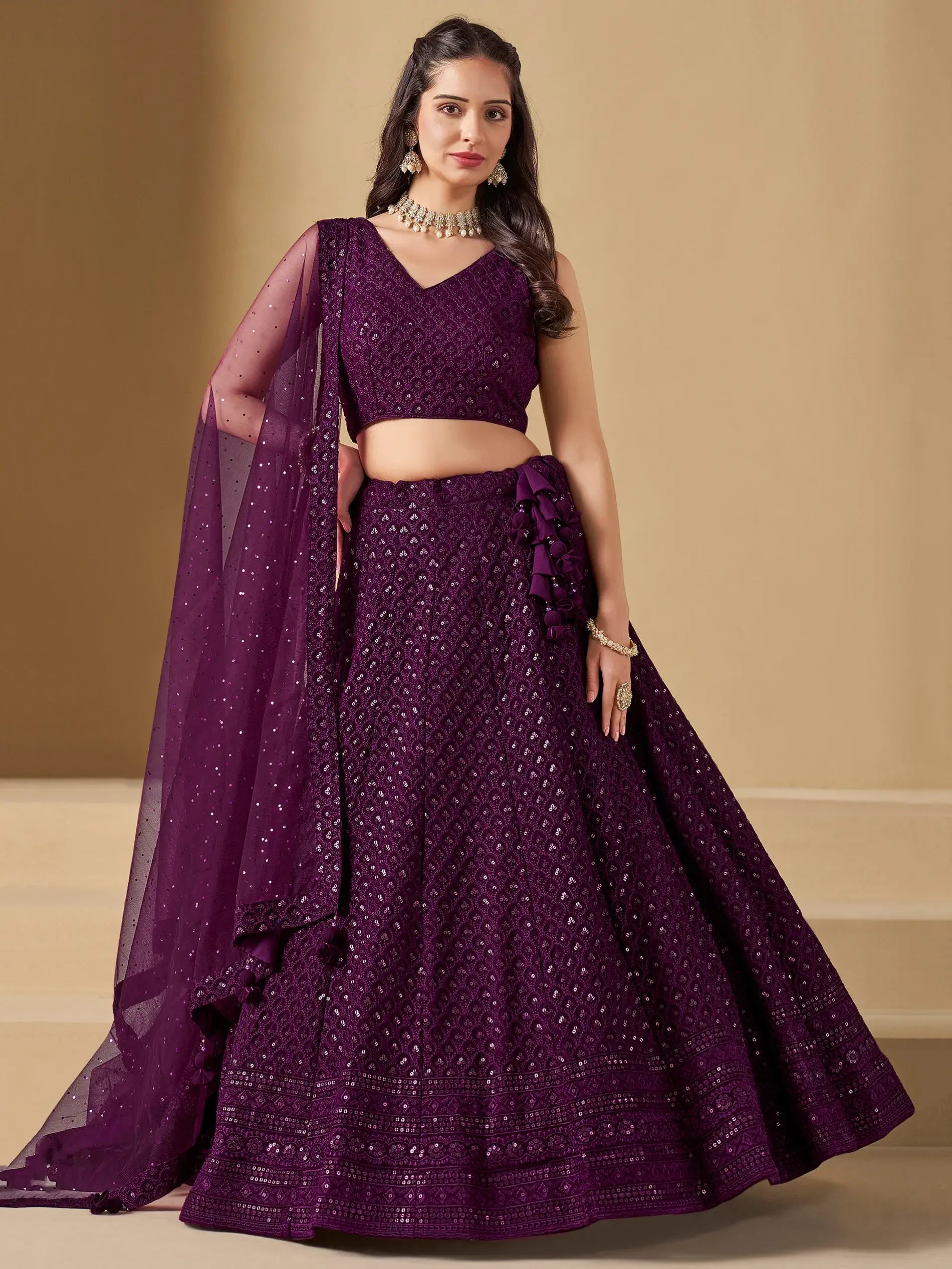 Marvelous Wine Thread Work Georgette Reception Wear Lehenga Choli - Zeel Clothing
