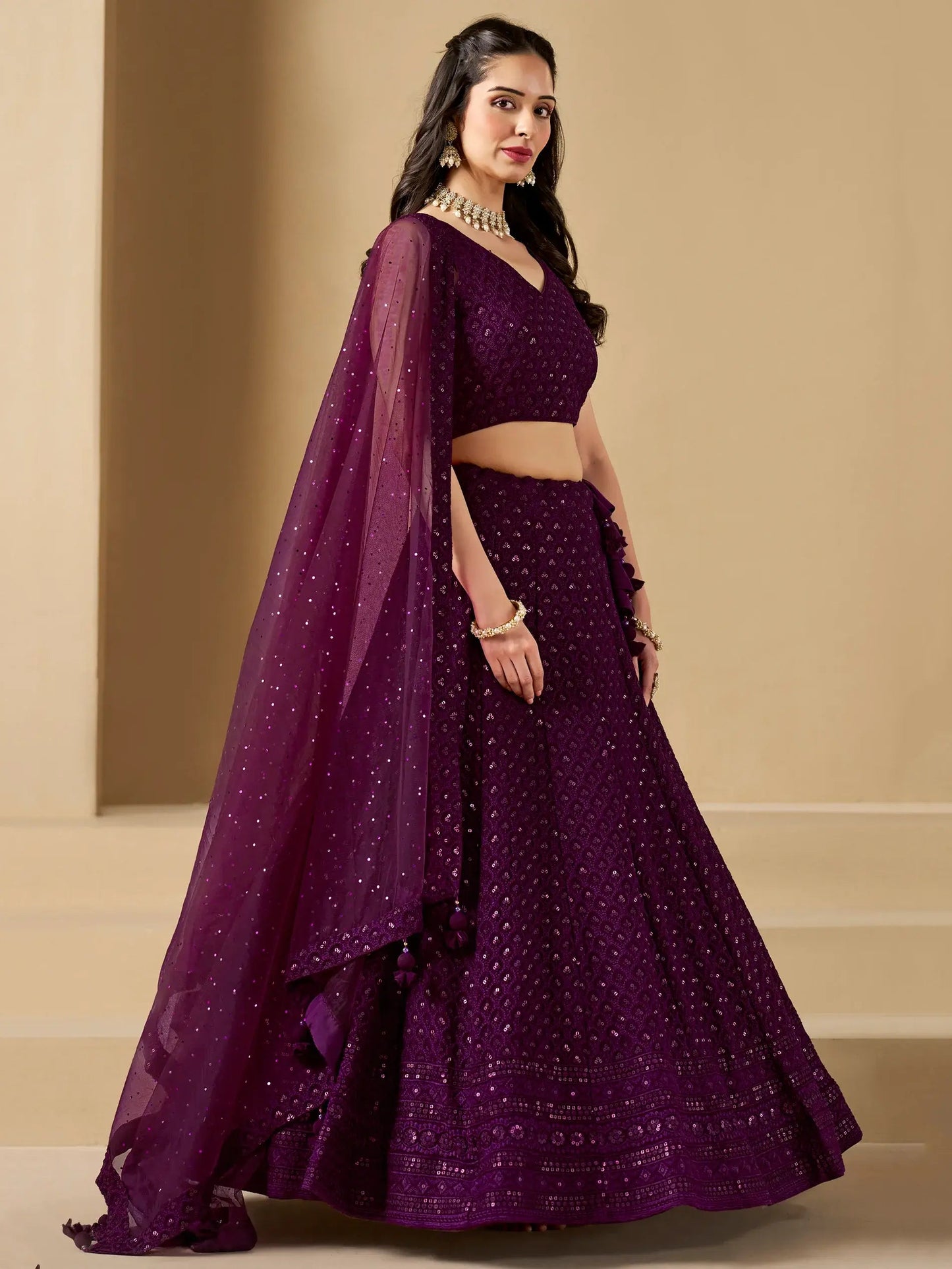 Marvelous Wine Thread Work Georgette Reception Wear Lehenga Choli