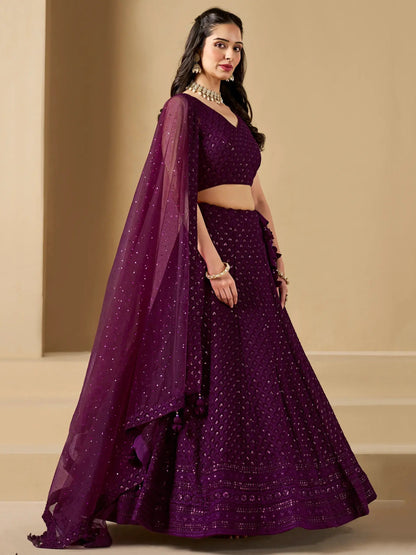 Marvelous Wine Thread Work Georgette Reception Wear Lehenga Choli