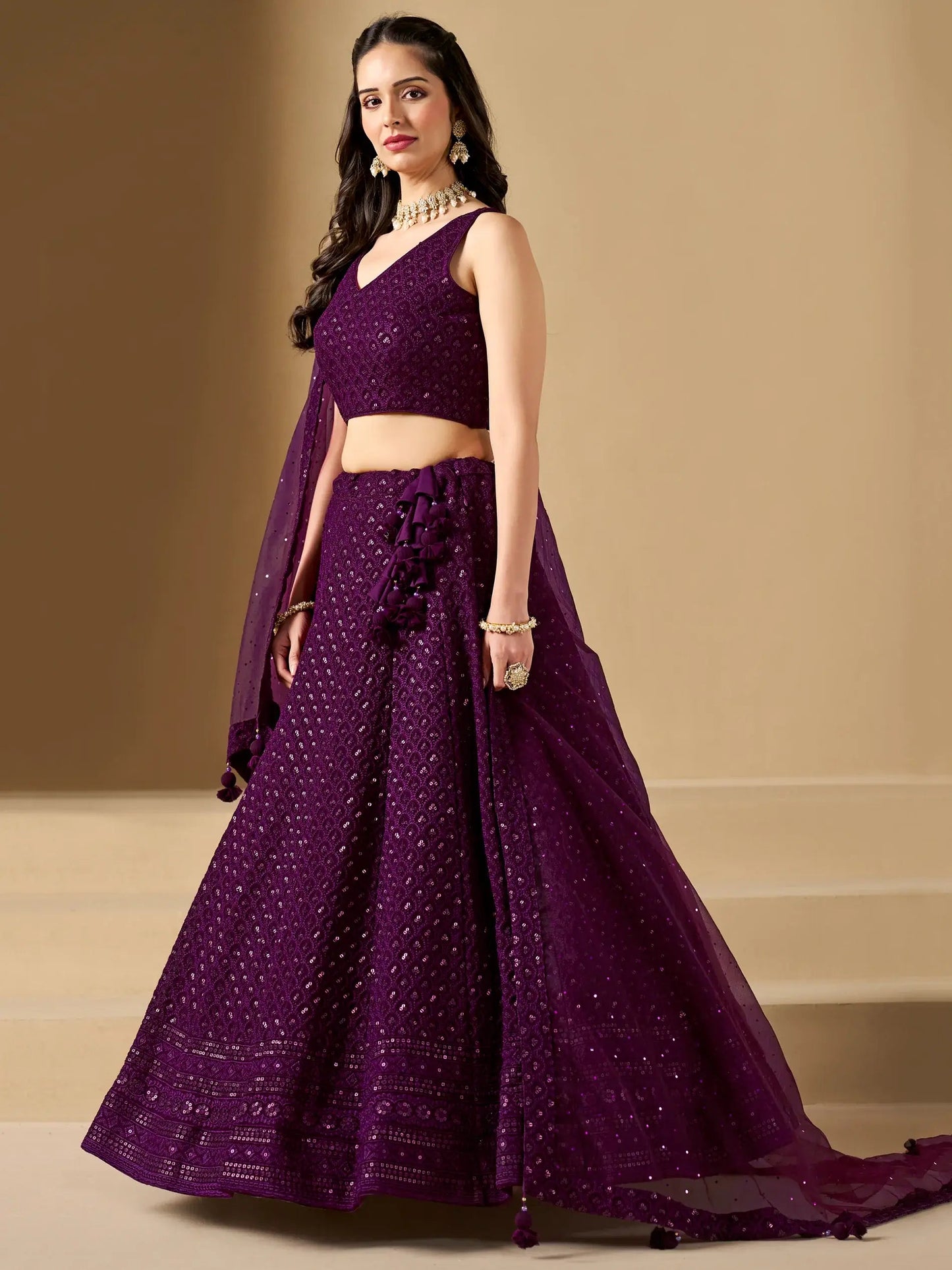 Marvelous Wine Thread Work Georgette Reception Wear Lehenga Choli
