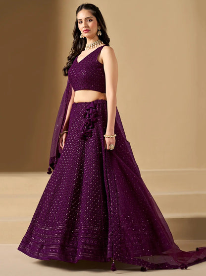 Marvelous Wine Thread Work Georgette Reception Wear Lehenga Choli
