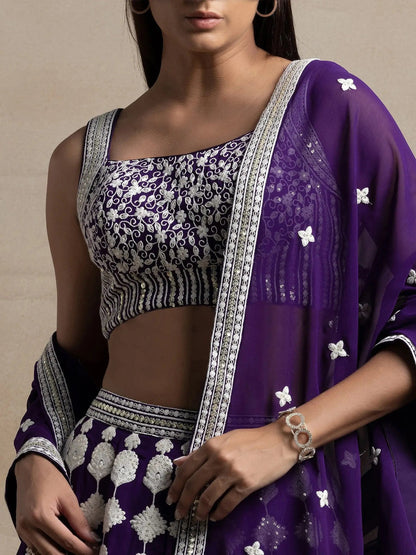 Mesmerizing Purple Thread Work Georgette Engagement Wear Lehenga Choli With Dupatta
