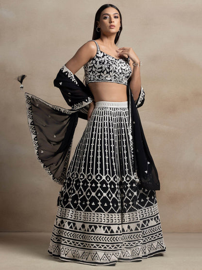 Precious Black Thread Work Georgette Engagement Wear Lehenga Choli - Zeel Clothing