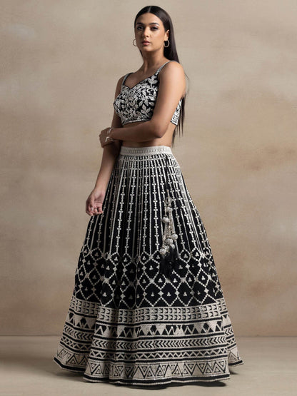 Precious Black Thread Work Georgette Engagement Wear Lehenga Choli