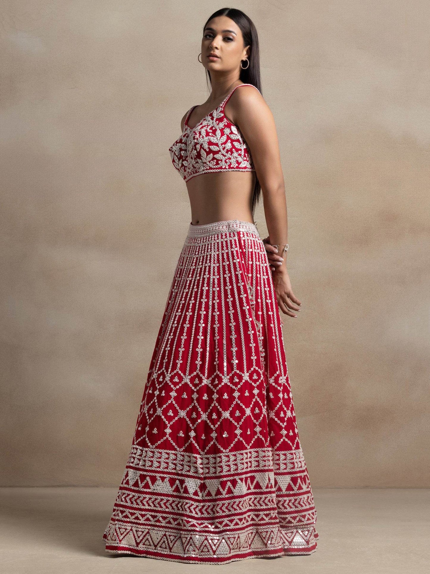 Ravishing Red Thread Work Georgette Bridal Wear Lehenga Choli