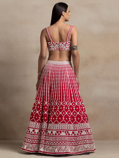 Ravishing Red Thread Work Georgette Bridal Wear Lehenga Choli